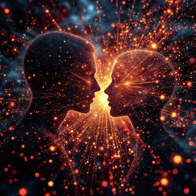 The primary subject of the image is a man and a woman standing close to each other, with their faces touching. They are surrounded by a bright, colorful, and vibrant background, which adds to the overall atmosphere of the scene. The visual style of the image is a combination of photo and digital art, creating a unique and eye-catching representation of the couple. The colors and mood of the image are lively and energetic, with the bright lights and vivid colors capturing the essence of the moment